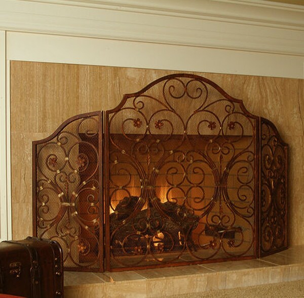 Provincial Fireplace Screen Triple Panel Iron Traditional Classic Ornate